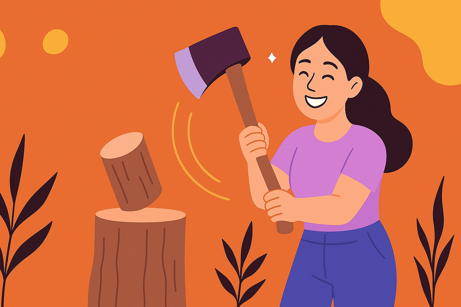 Woman cutting logs with an axe